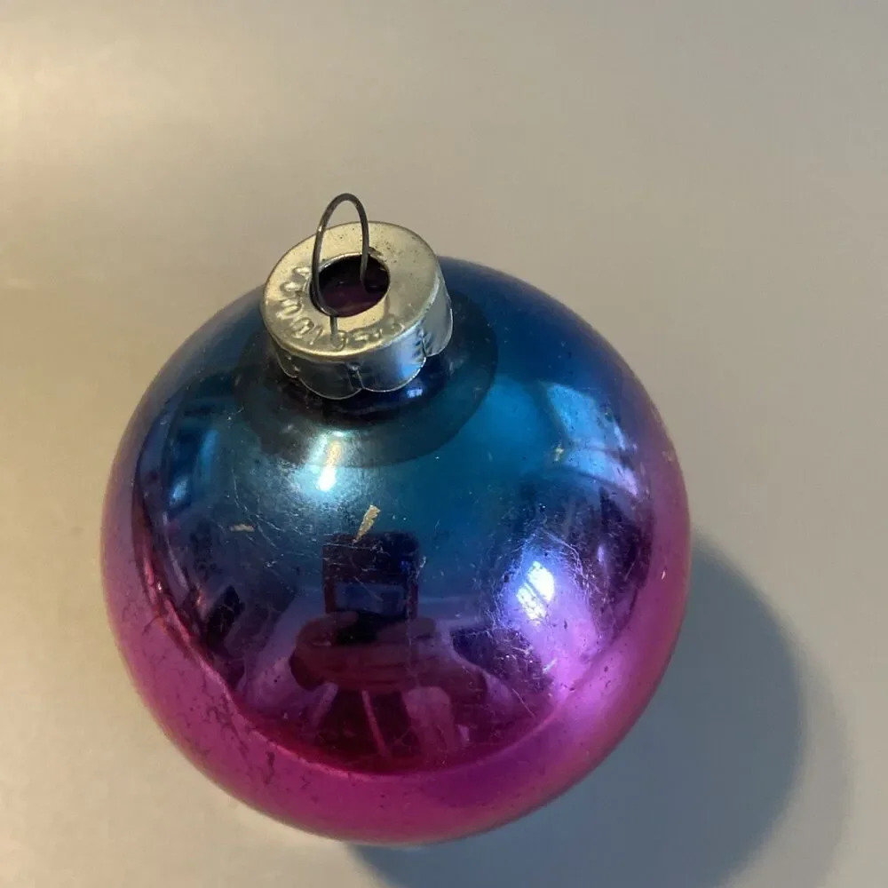 Vintage Christmas Ombre Glass Ornament Hand Made In USA Blue Pink Fade Ball